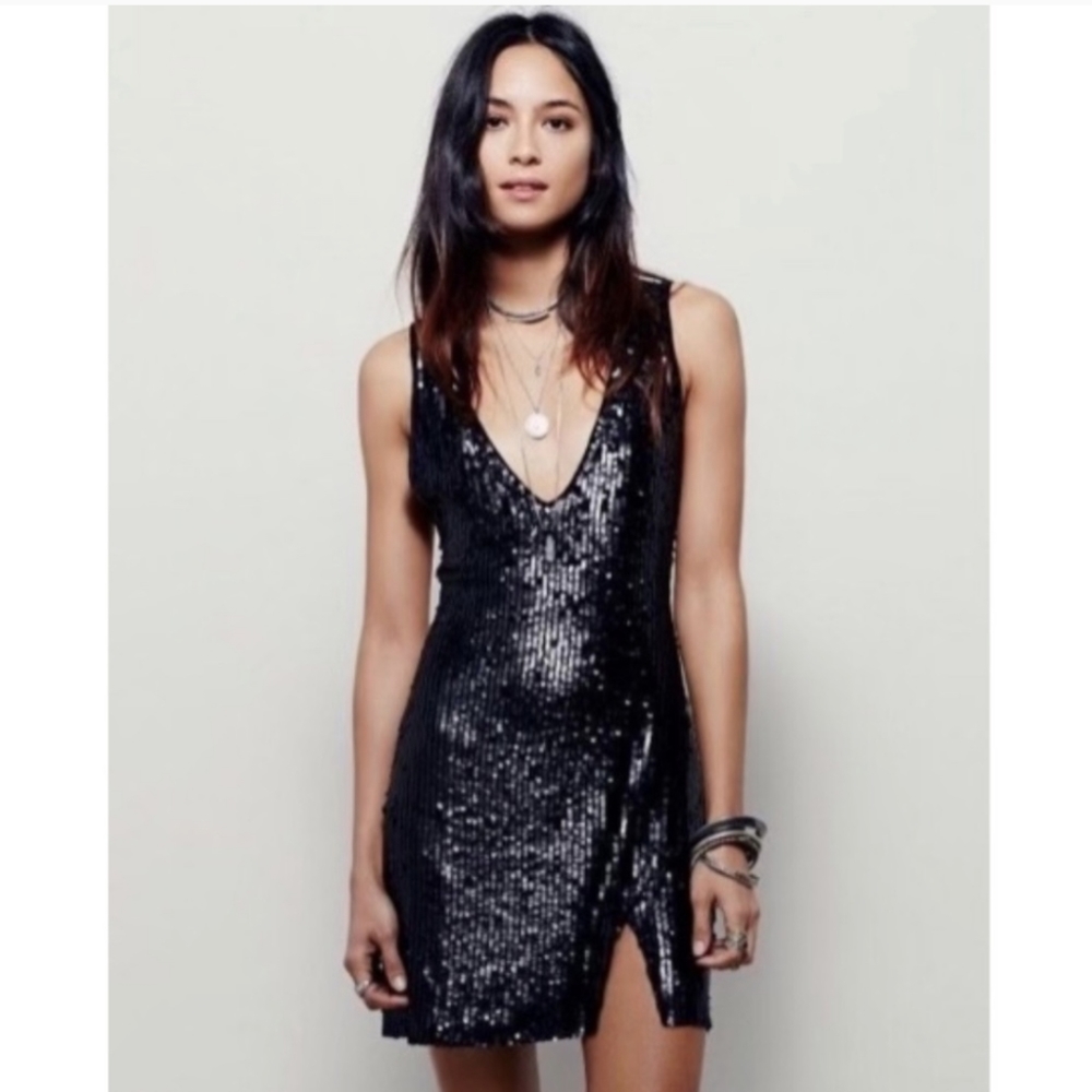 Free People Black sequin slit mini flapper dress